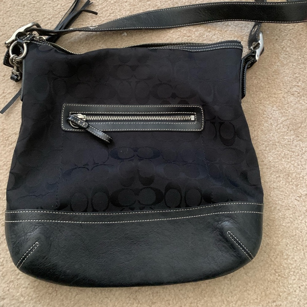 Coach Signature black leather and canvas shoulder bag